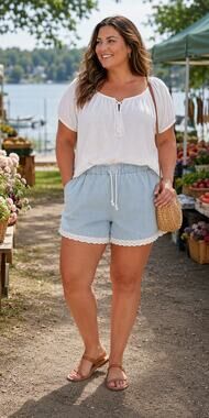 Light Wash Denim Shorts Womens XL Eyelet Lace Prairie Boho Western Cottagecore